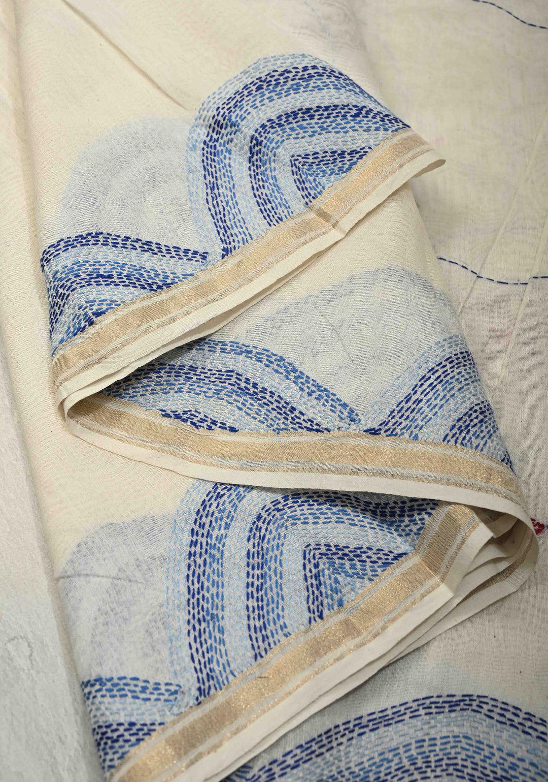 White Prakriti Neer Chanderi Silk Saree with Sujni Embrideory with Minimal Zari Border | SHOBITAM