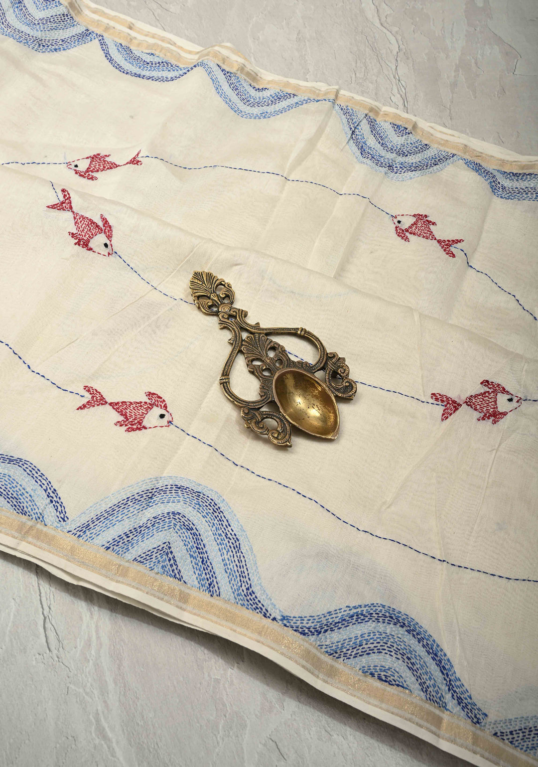 White Prakriti Neer Chanderi Silk Saree with Sujni Embrideory with Minimal Zari Border | SHOBITAM