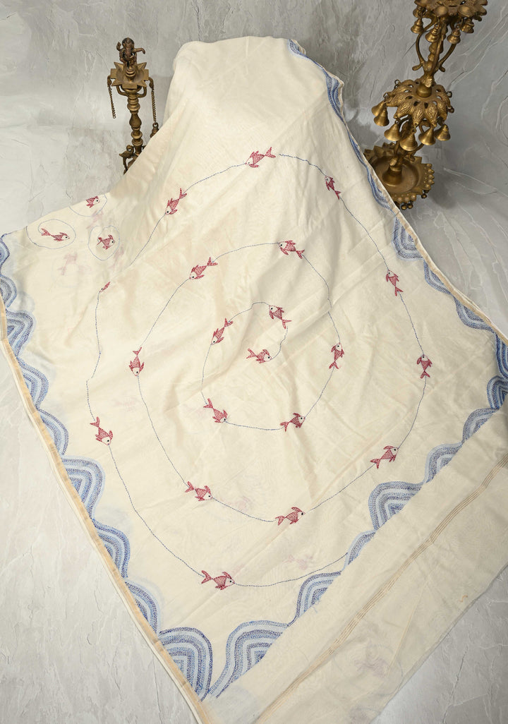 White Prakriti Neer Chanderi Silk Saree with Sujni Embrideory with Minimal Zari Border | SHOBITAM