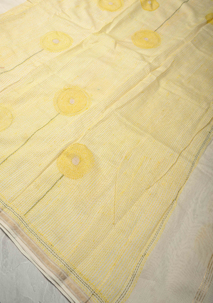 Ivory Sunflower theme chanderi silk sareee With Sujni Embrideory with Minimal Zari Border | SHOBITAM