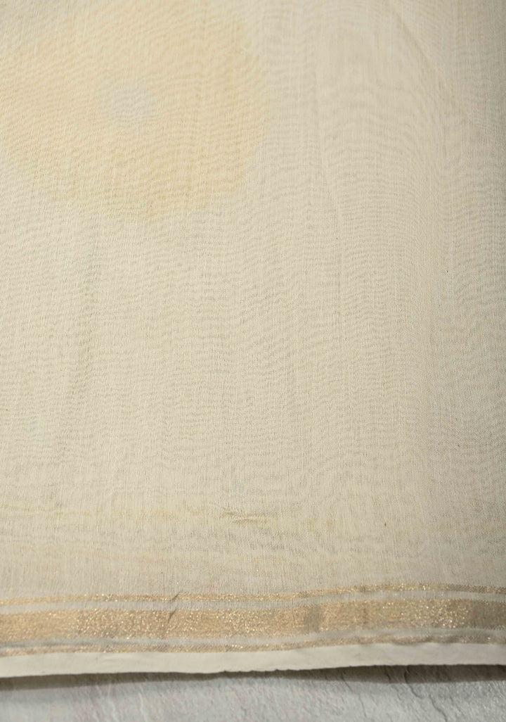 Ivory Sunflower theme chanderi silk sareee With Sujni Embrideory with Minimal Zari Border | SHOBITAM
