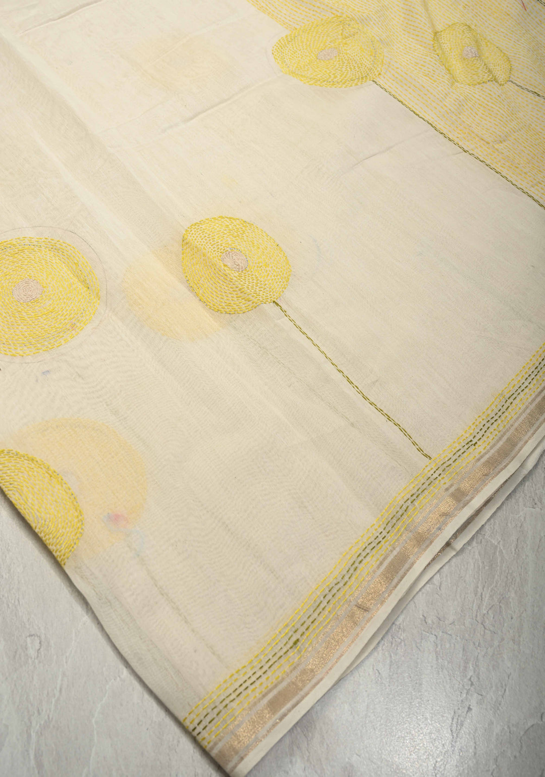 Ivory Sunflower theme chanderi silk sareee With Sujni Embrideory with Minimal Zari Border | SHOBITAM