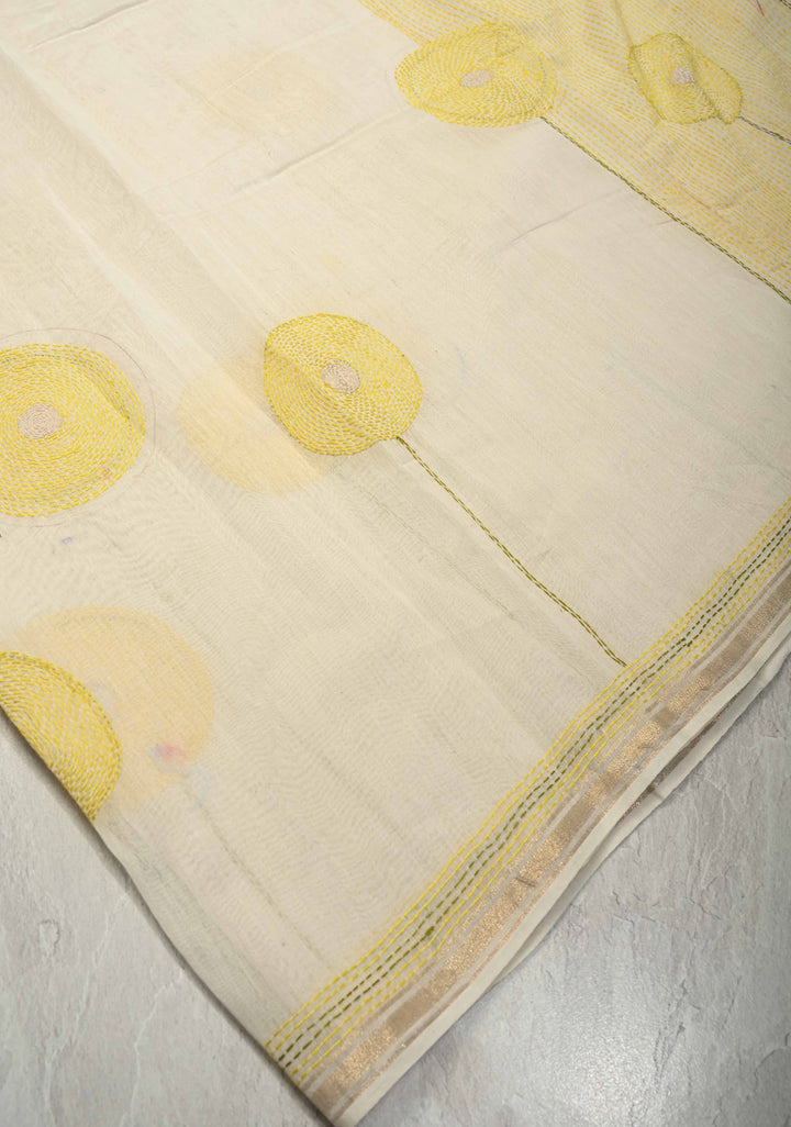 Ivory Sunflower theme chanderi silk sareee With Sujni Embrideory with Minimal Zari Border | SHOBITAM