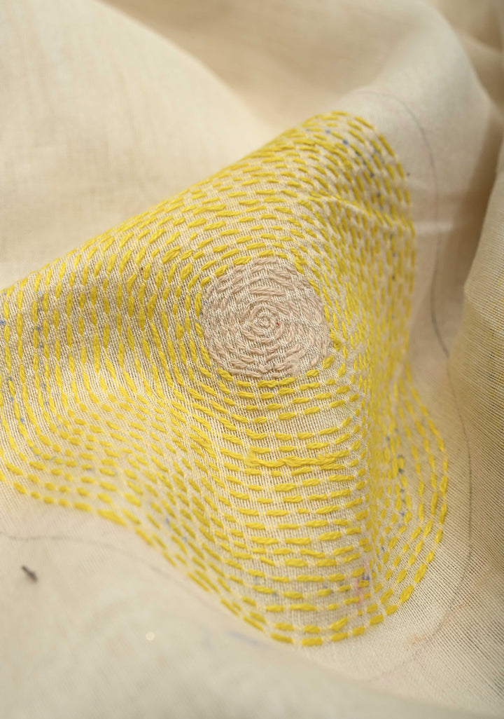 Ivory Sunflower theme chanderi silk sareee With Sujni Embrideory with Minimal Zari Border | SHOBITAM