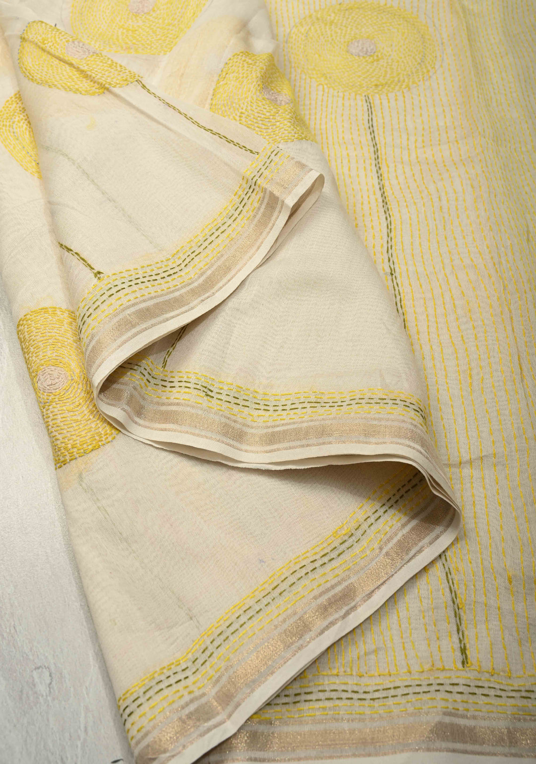 Ivory Sunflower theme chanderi silk sareee With Sujni Embrideory with Minimal Zari Border | SHOBITAM