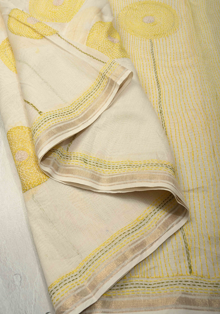 Ivory Sunflower theme chanderi silk sareee With Sujni Embrideory with Minimal Zari Border | SHOBITAM