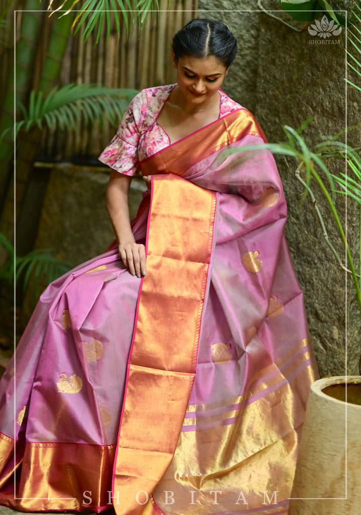 Celebrity design Chanderi Silk Saree with wide border in Dusty Mauve