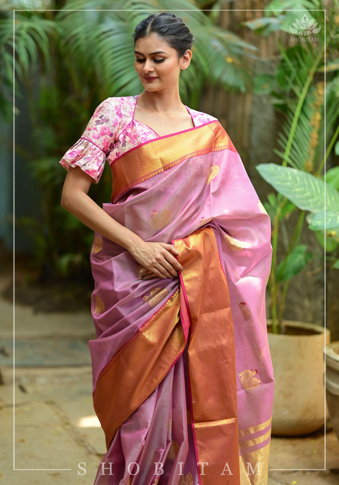 Celebrity design Chanderi Silk Saree with wide border in Dusty Mauve