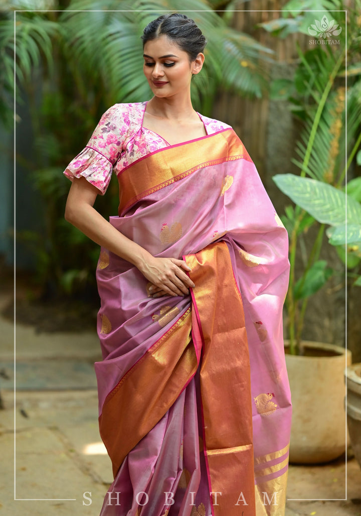 Celebrity design Chanderi Silk Saree with wide border in Dusty Mauve