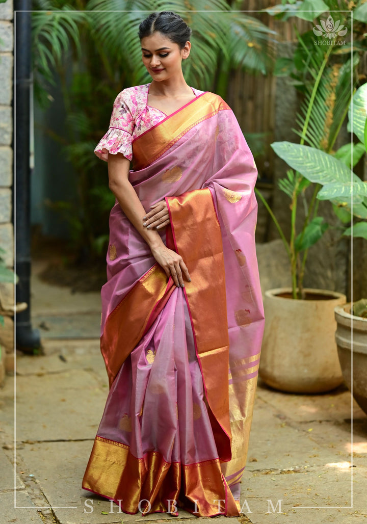 Celebrity design Chanderi Silk Saree with wide border in Dusty Mauve