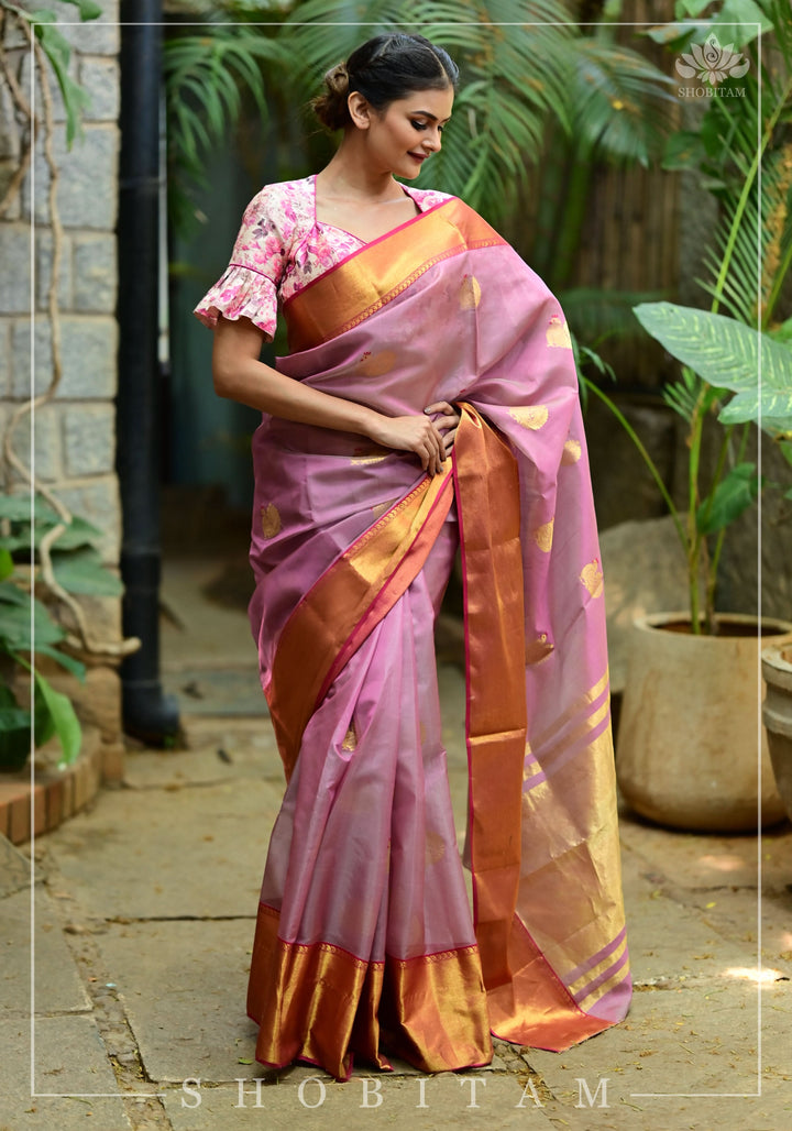 Celebrity design Chanderi Silk Saree with wide border in Dusty Mauve