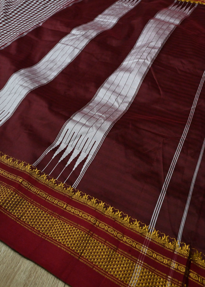 Maroon Ilkal Weave Mercerized Bagalkote Cotton Saree with Checks Pattern and Zari Border | SHOBITAM