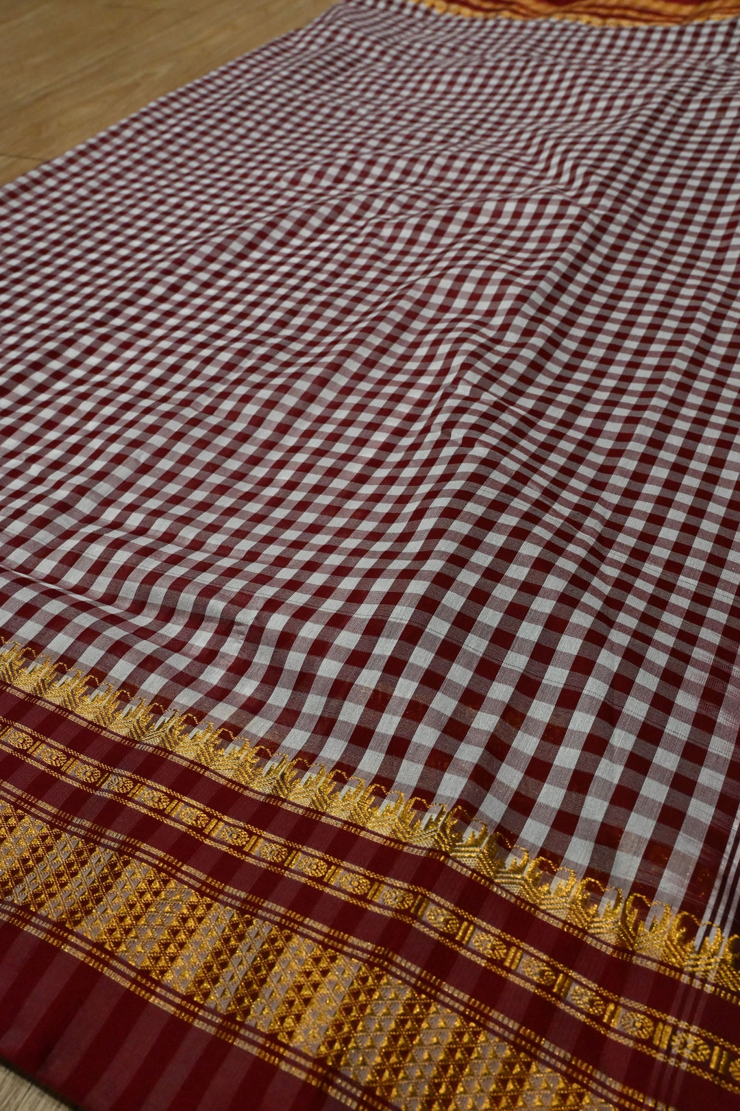 Maroon Ilkal Weave Mercerized Bagalkote Cotton Saree with Checks Pattern and Zari Border | SHOBITAM