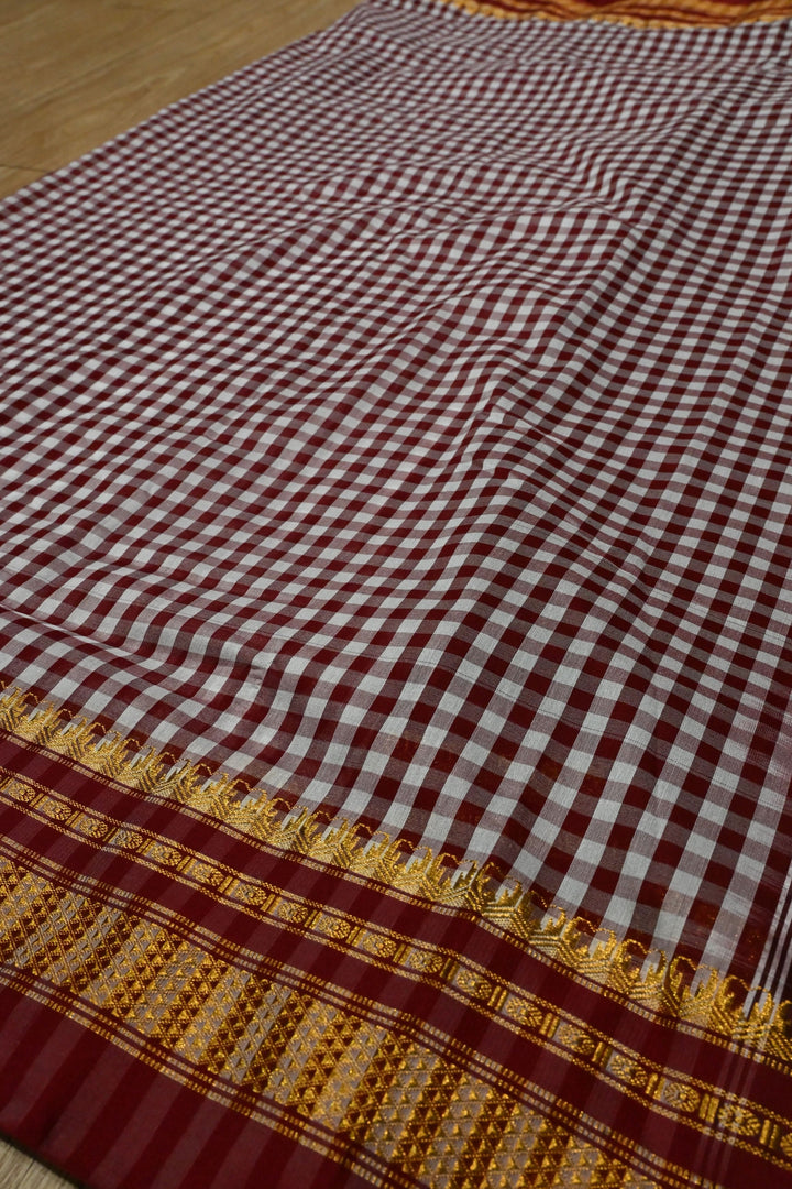 Maroon Ilkal Weave Mercerized Bagalkote Cotton Saree with Checks Pattern and Zari Border | SHOBITAM