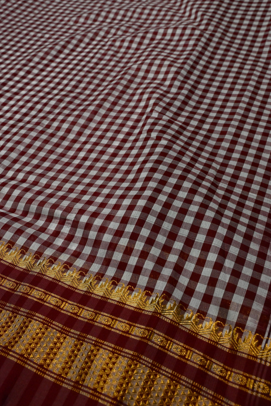 Maroon Ilkal Weave Mercerized Bagalkote Cotton Saree with Checks Pattern and Zari Border | SHOBITAM