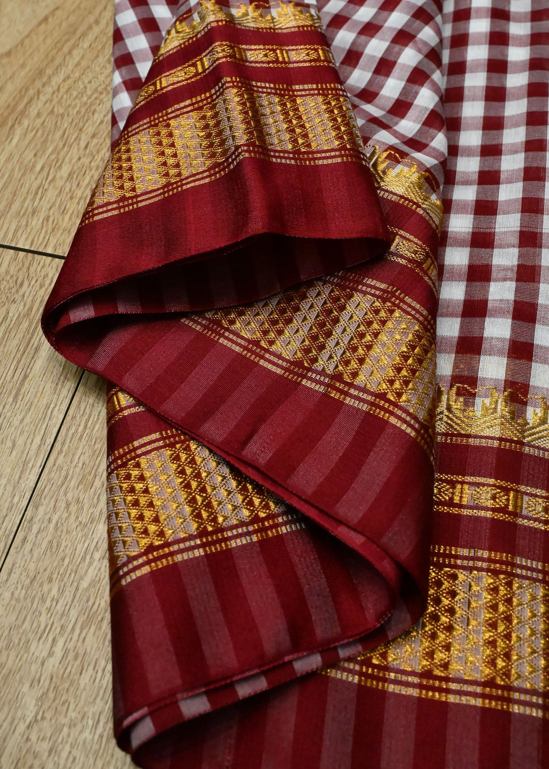 Maroon Ilkal Weave Mercerized Bagalkote Cotton Saree with Checks Pattern and Zari Border | SHOBITAM