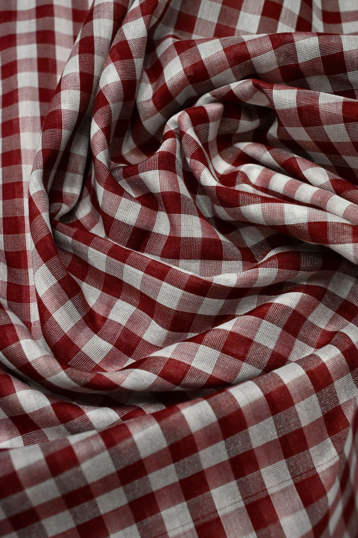 Maroon Ilkal Weave Mercerized Bagalkote Cotton Saree with Checks Pattern and Zari Border | SHOBITAM