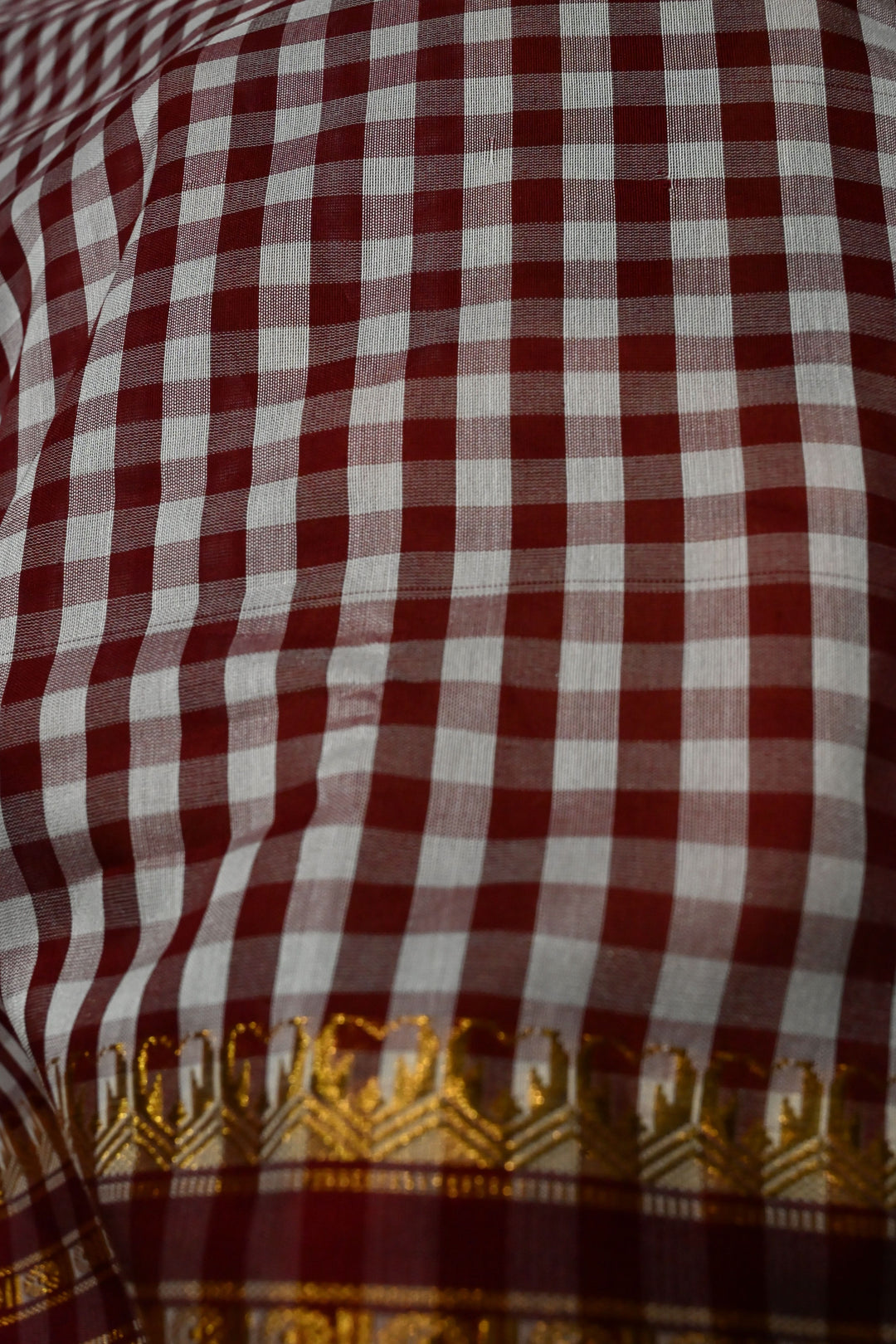 Maroon Ilkal Weave Mercerized Bagalkote Cotton Saree with Checks Pattern and Zari Border | SHOBITAM