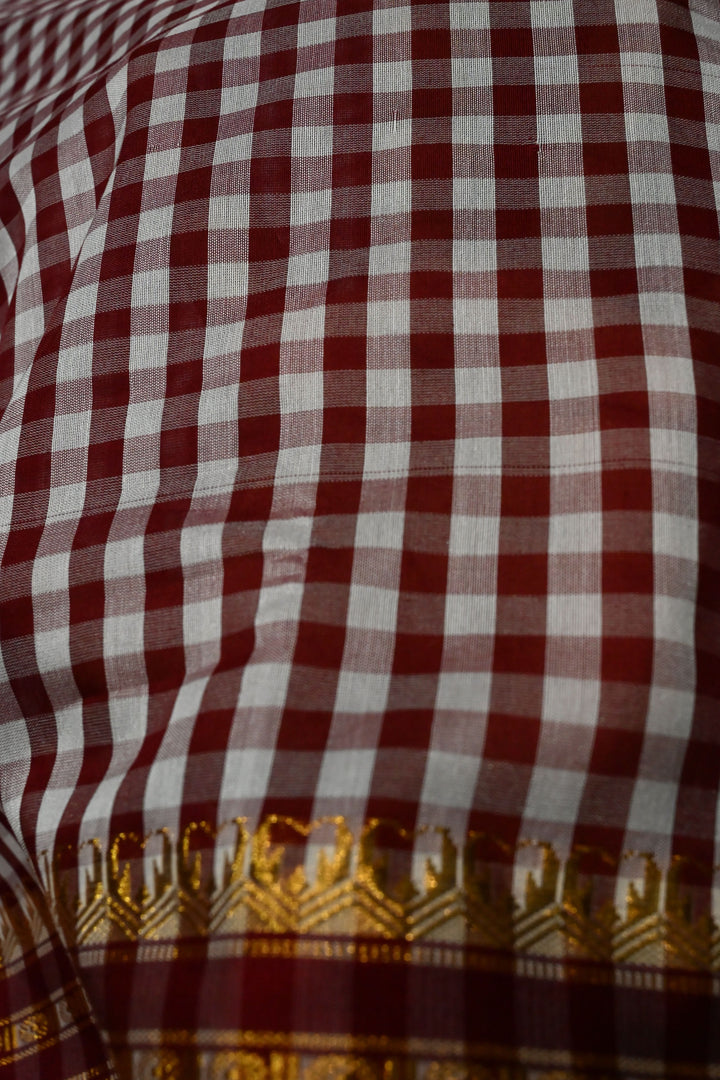 Maroon Ilkal Weave Mercerized Bagalkote Cotton Saree with Checks Pattern and Zari Border | SHOBITAM