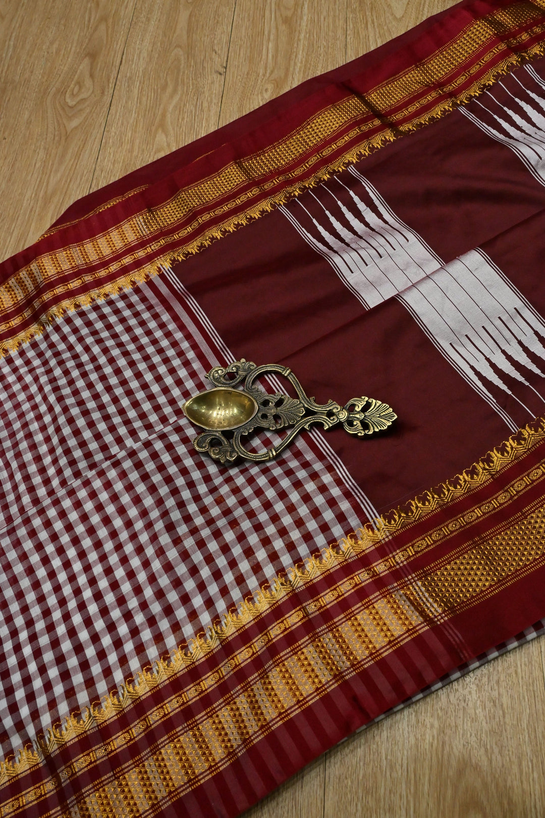 Maroon Ilkal Weave Mercerized Bagalkote Cotton Saree with Checks Pattern and Zari Border | SHOBITAM