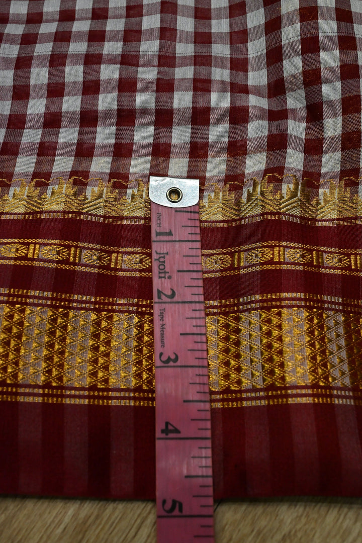 Maroon Ilkal Weave Mercerized Bagalkote Cotton Saree with Checks Pattern and Zari Border | SHOBITAM