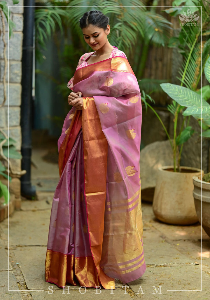 Celebrity design Chanderi Silk Saree with wide border in Dusty Mauve