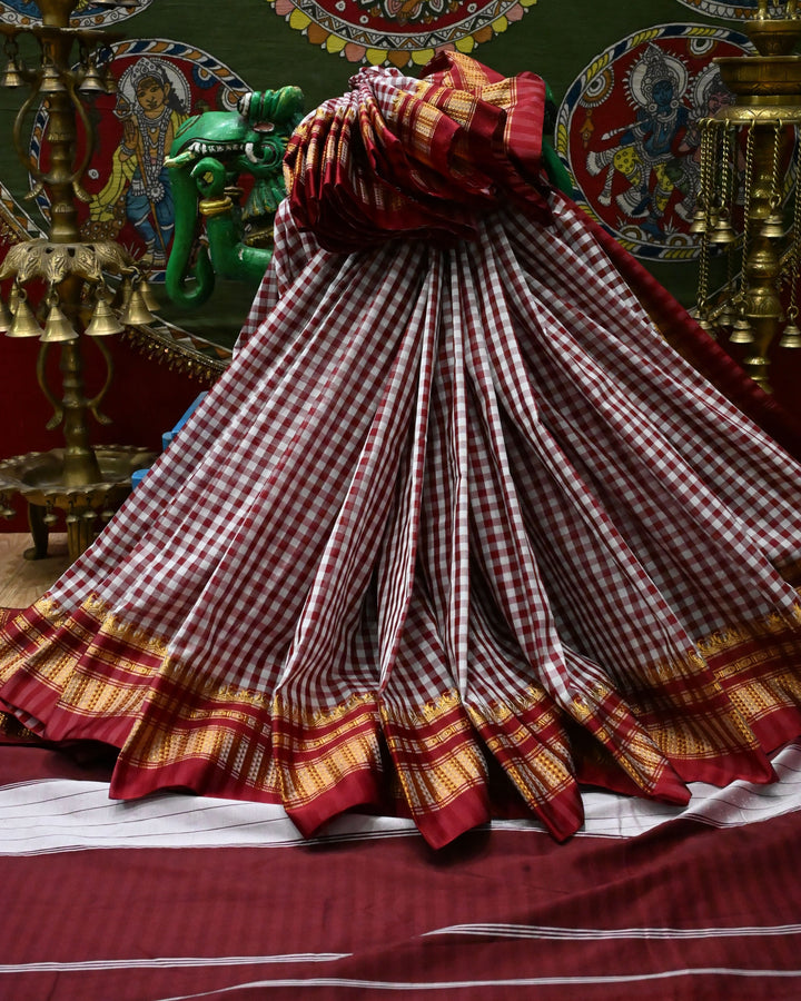 Maroon Ilkal Weave Mercerized Bagalkote Cotton Saree with Checks Pattern and Zari Border | SHOBITAM