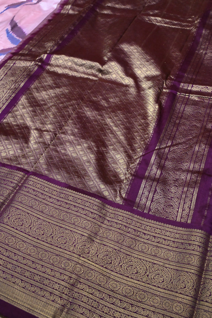 Frosty Pink Ikkat Kanjivaram Fusion Silk Saree with Birds Buttas and Contrast Zari Border | SILK MARK CERTIFIED | SHOBITAM