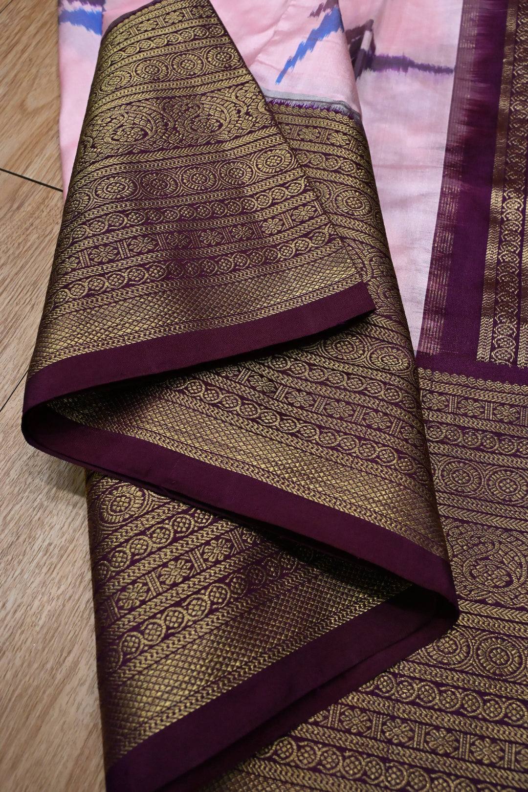 Frosty Pink Ikkat Kanjivaram Fusion Silk Saree with Birds Buttas and Contrast Zari Border | SILK MARK CERTIFIED | SHOBITAM
