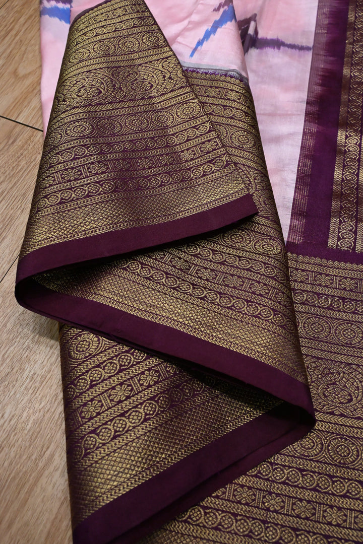 Frosty Pink Ikkat Kanjivaram Fusion Silk Saree with Birds Buttas and Contrast Zari Border | SILK MARK CERTIFIED | SHOBITAM