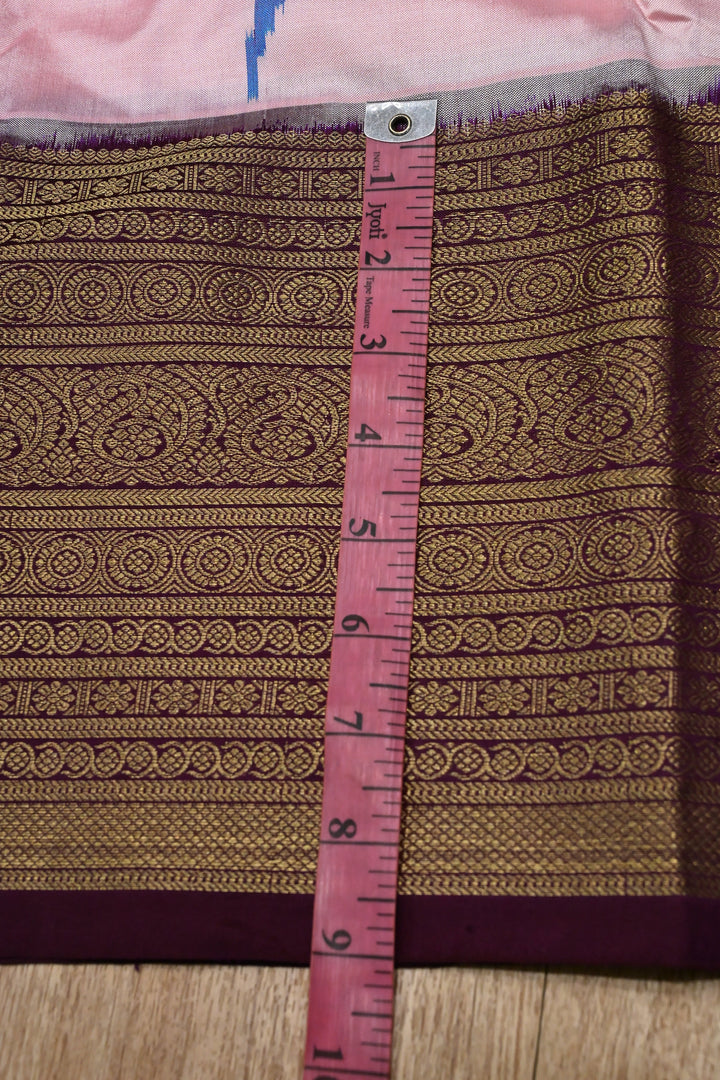 Frosty Pink Ikkat Kanjivaram Fusion Silk Saree with Birds Buttas and Contrast Zari Border | SILK MARK CERTIFIED | SHOBITAM
