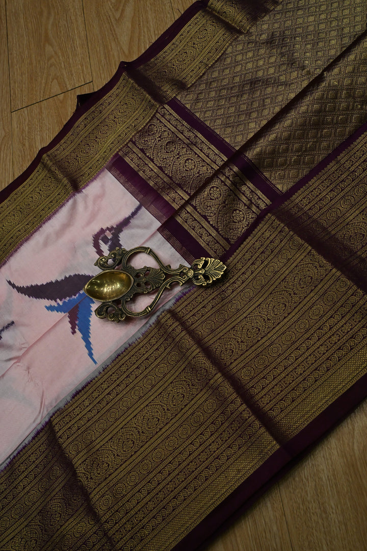 Frosty Pink Ikkat Kanjivaram Fusion Silk Saree with Birds Buttas and Contrast Zari Border | SILK MARK CERTIFIED | SHOBITAM