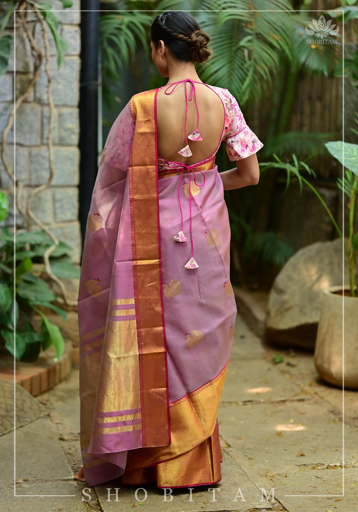 Celebrity design Chanderi Silk Saree with wide border in Dusty Mauve