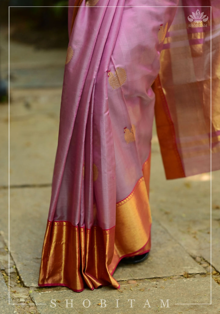 Celebrity design Chanderi Silk Saree with wide border in Dusty Mauve