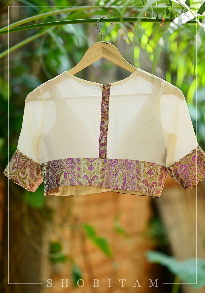 Purple Banarasi Blouse with sheer yoke, back and sleeves in beige net