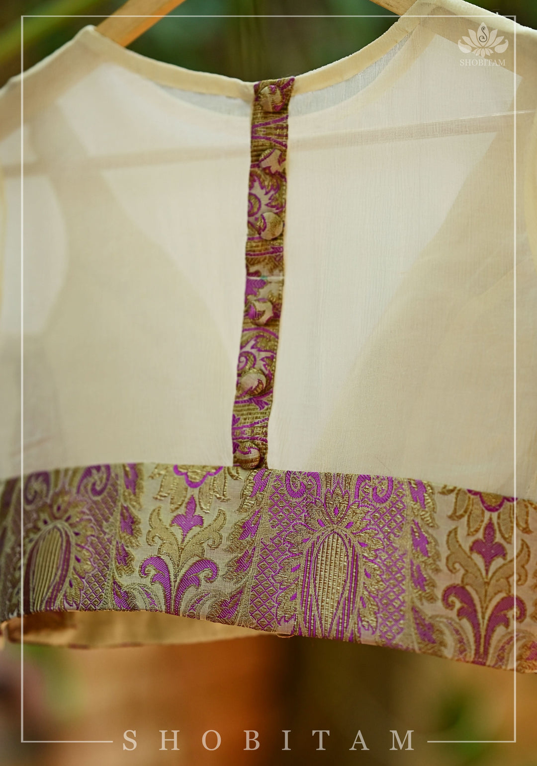 Purple Banarasi Blouse with sheer yoke, back and sleeves in beige net
