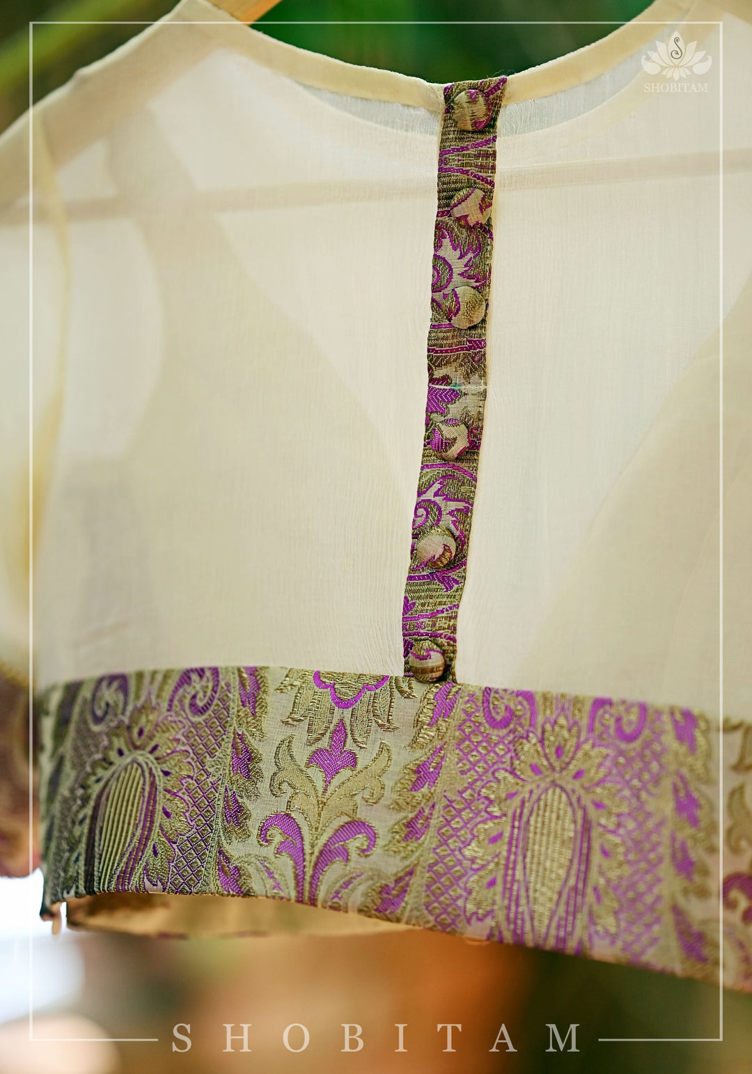 Purple Banarasi Blouse with sheer yoke, back and sleeves in beige net