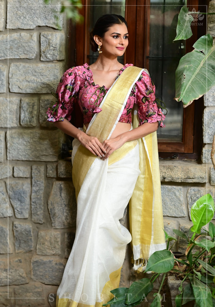 9" wide border & 3" short Border Linen by Linen Saree in Off White and Muted Gold