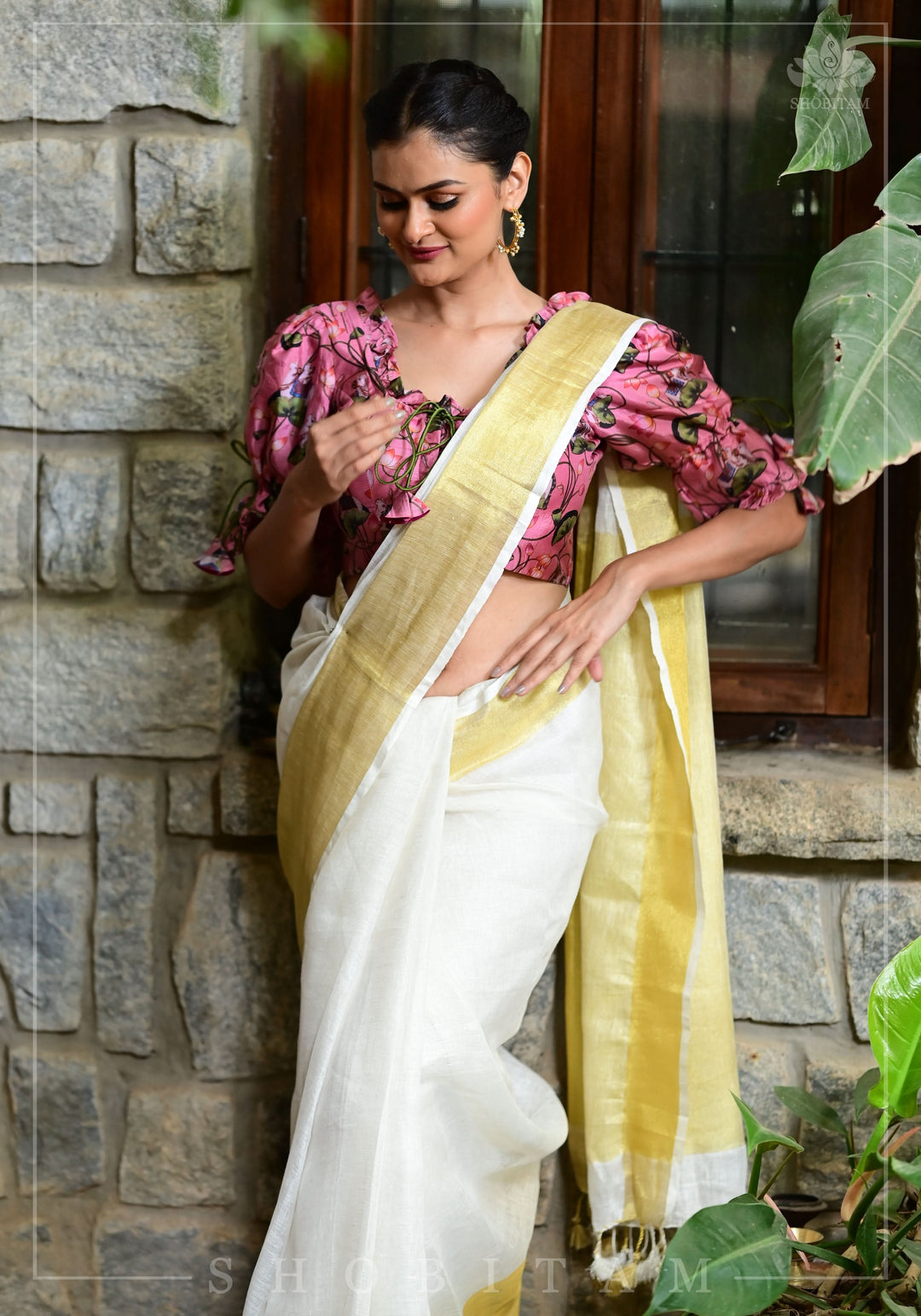 9" wide border & 3" short Border Linen by Linen Saree in Off White and Muted Gold