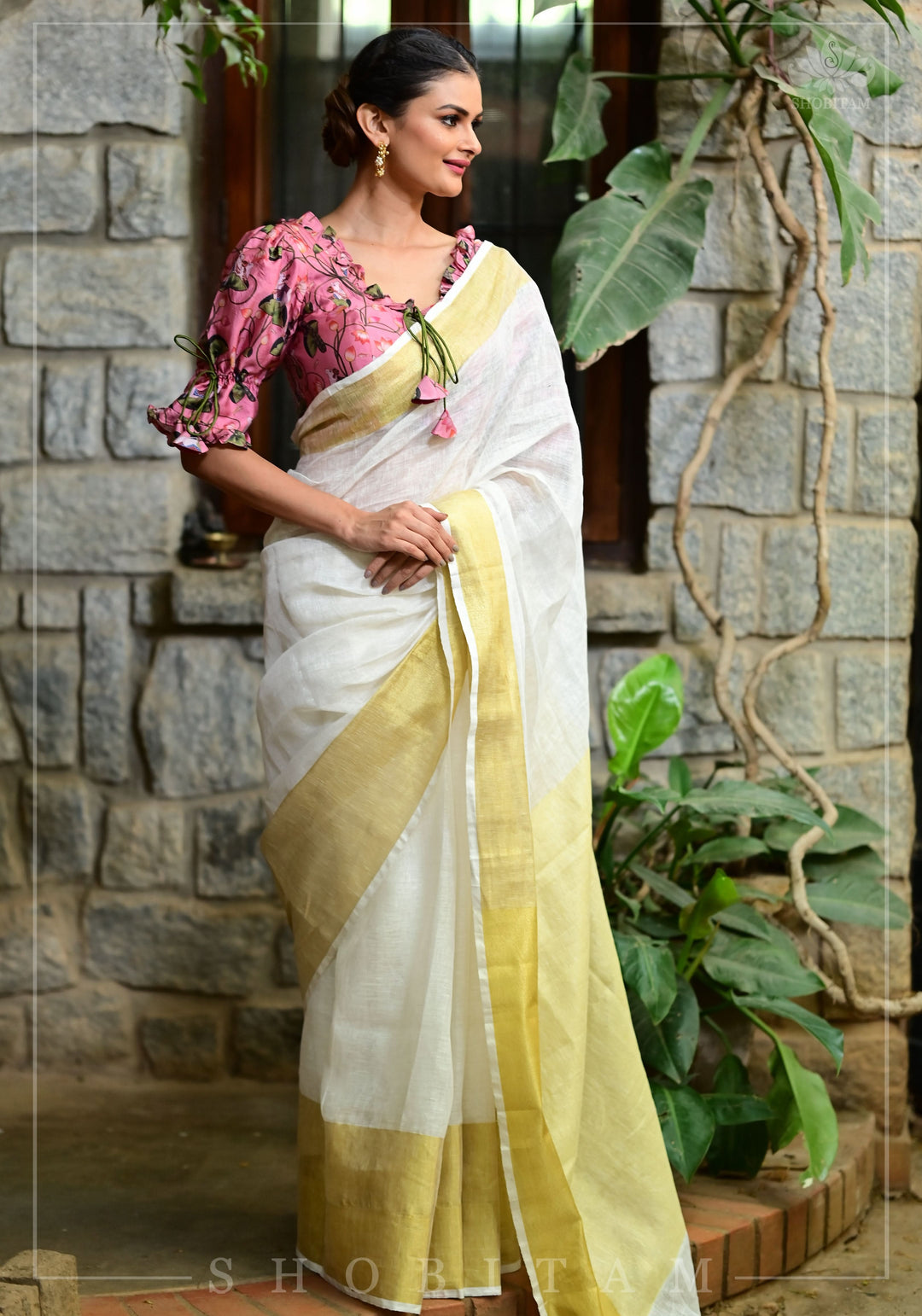 9" wide border & 3" short Border Linen by Linen Saree in Off White and Muted Gold