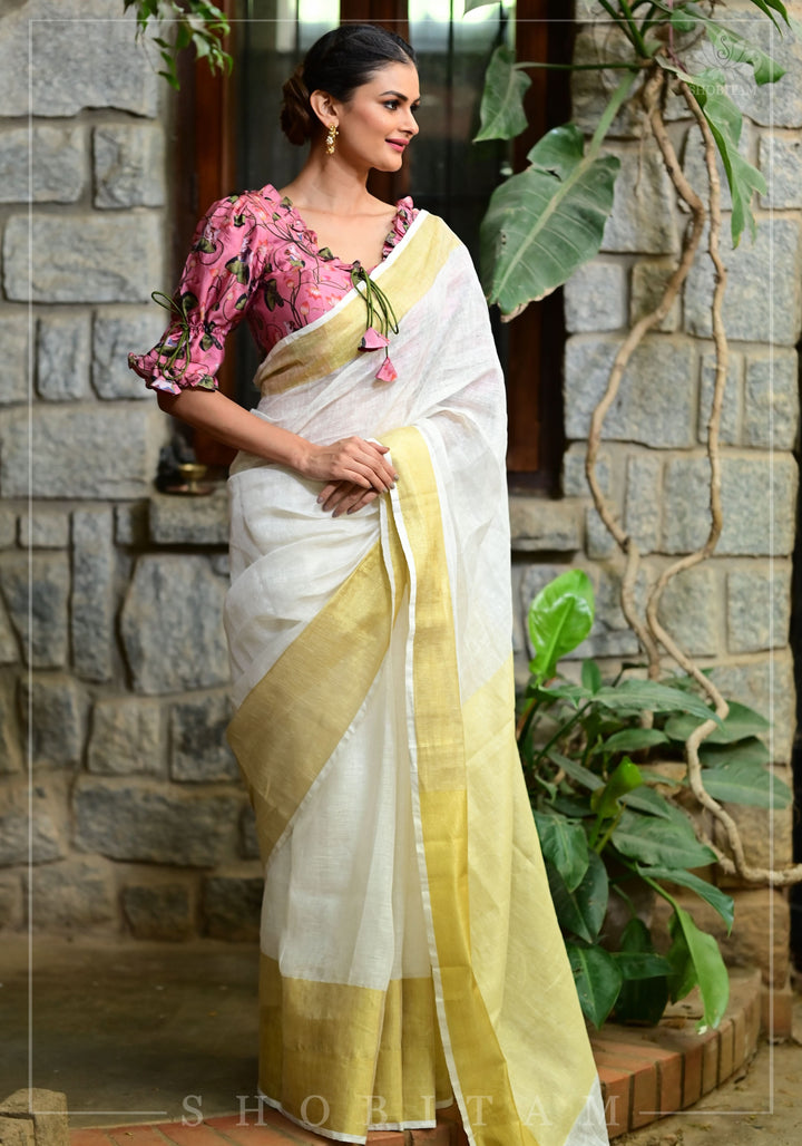 9" wide border & 3" short Border Linen by Linen Saree in Off White and Muted Gold