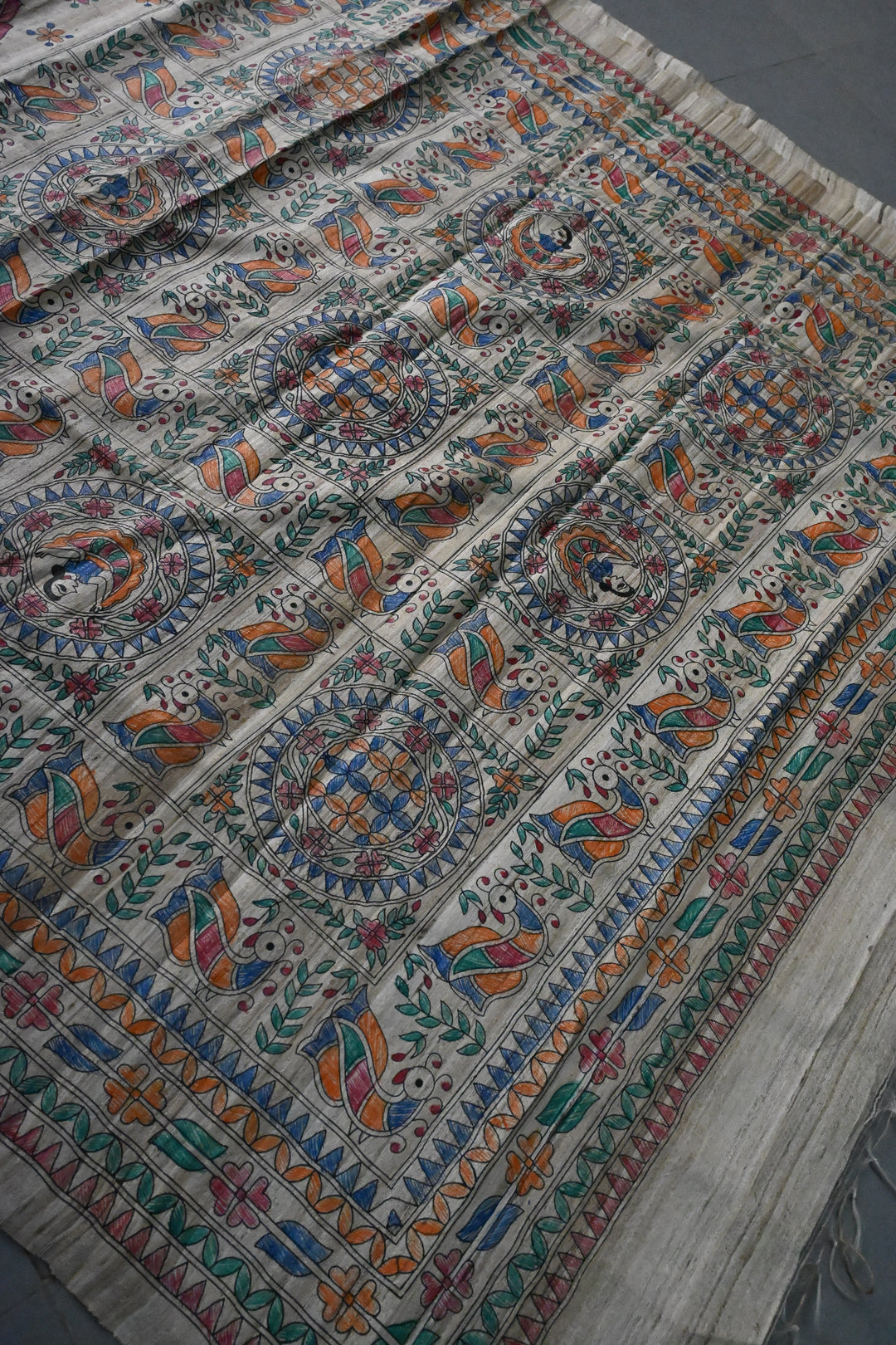 Natural Color Pure Handloom Tussar Hand Painted Madhubani Saree with Border | SILK MARK CERTIFIED | SHOBITAM