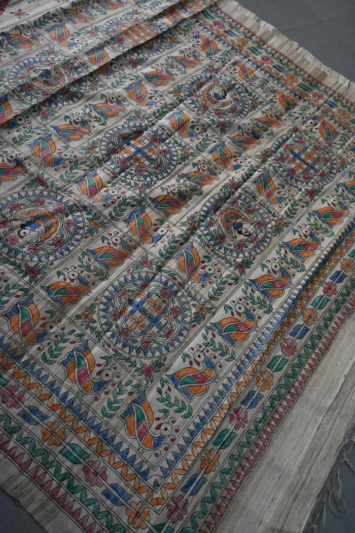 Natural Color Pure Handloom Tussar Hand Painted Madhubani Saree with Border | SILK MARK CERTIFIED | SHOBITAM