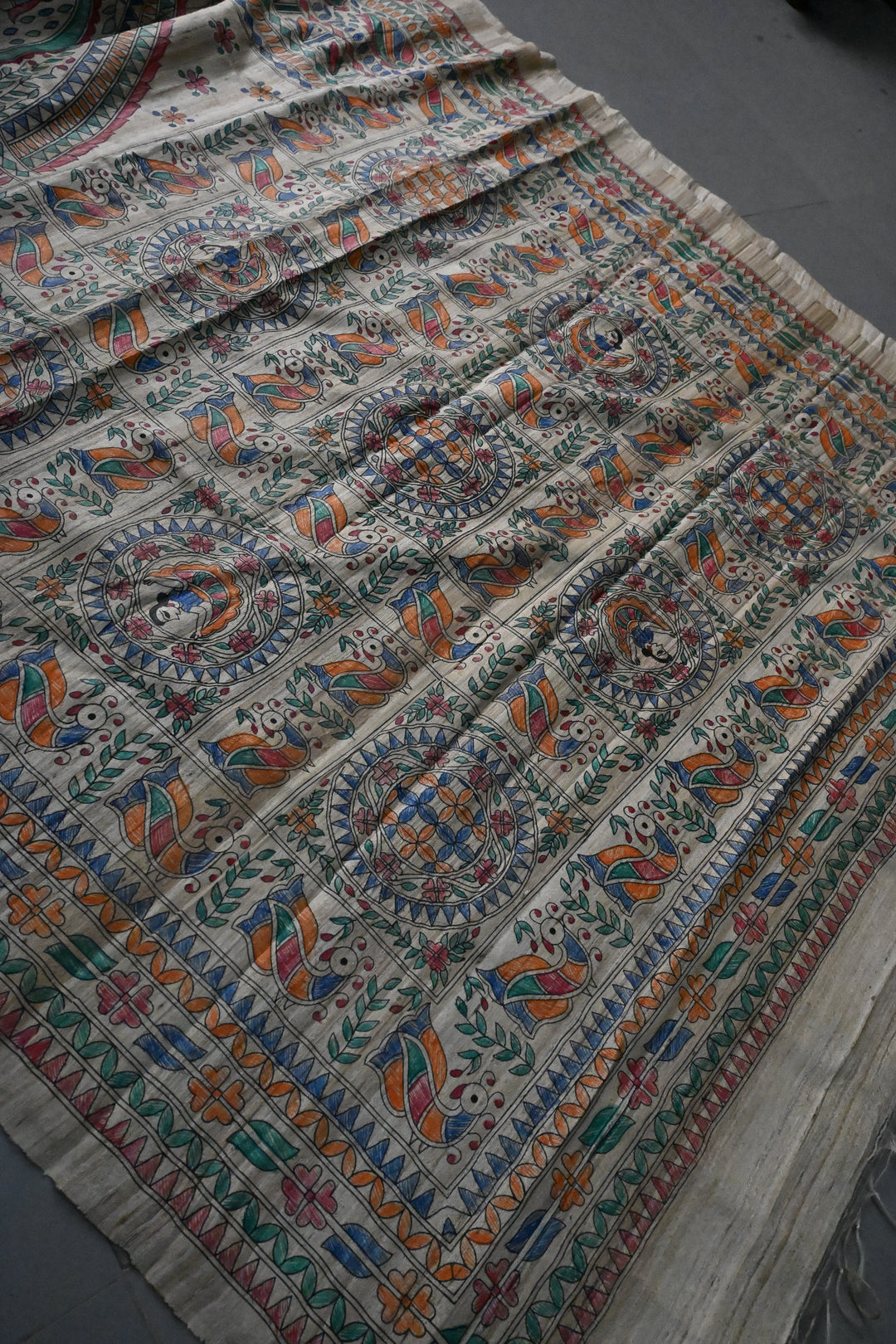 Natural Color Pure Handloom Tussar Hand Painted Madhubani Saree with Border | SILK MARK CERTIFIED | SHOBITAM