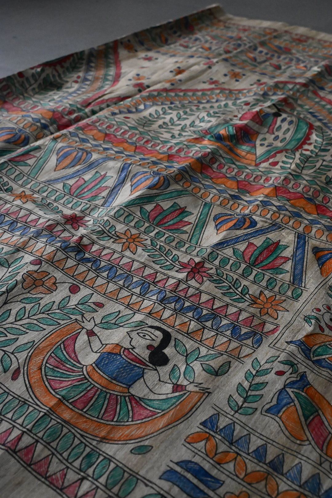 Natural Color Pure Handloom Tussar Hand Painted Madhubani Saree with Border | SILK MARK CERTIFIED | SHOBITAM