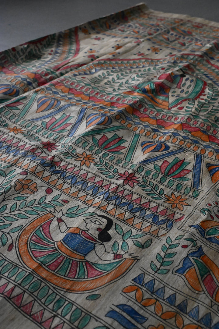 Natural Color Pure Handloom Tussar Hand Painted Madhubani Saree with Border | SILK MARK CERTIFIED | SHOBITAM