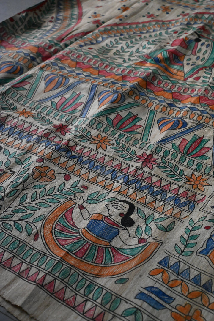 Natural Color Pure Handloom Tussar Hand Painted Madhubani Saree with Border | SILK MARK CERTIFIED | SHOBITAM