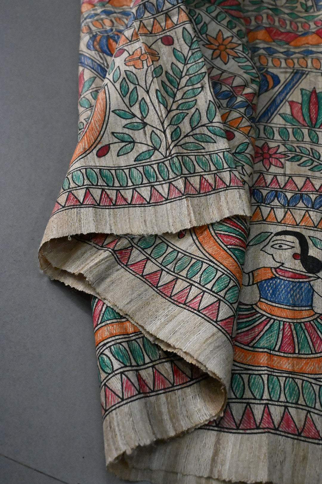 Natural Color Pure Handloom Tussar Hand Painted Madhubani Saree with Border | SILK MARK CERTIFIED | SHOBITAM