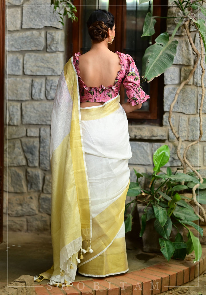 9" wide border & 3" short Border Linen by Linen Saree in Off White and Muted Gold