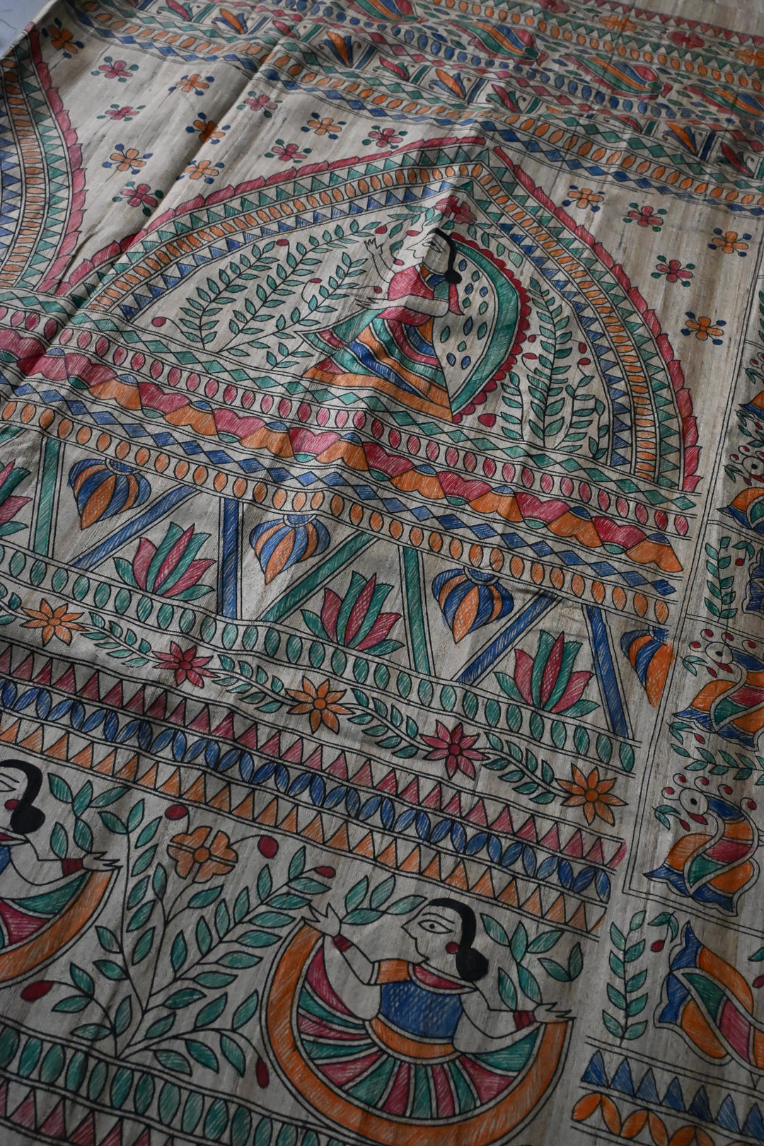 Natural Color Pure Handloom Tussar Hand Painted Madhubani Saree with Border | SILK MARK CERTIFIED | SHOBITAM
